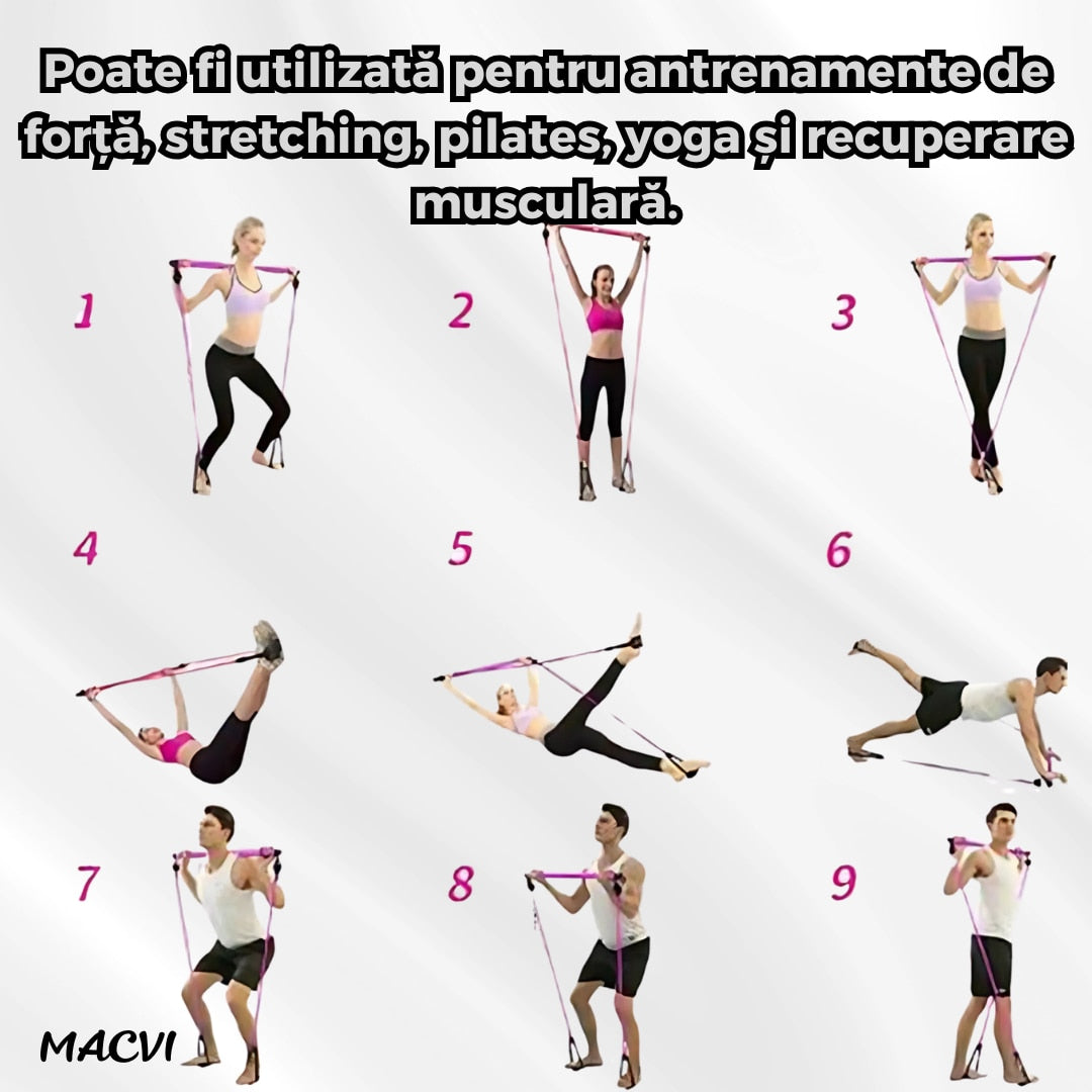Bara Fitness Macvi® cu Benzi Elastice Reglabile, Multifunctionala pentru Antrenamente Complete, Rezistenta Ajustabila, Culoare Mov