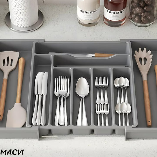Organizator extensibil Macvi® 8 compartimente, pentru sertar, Sistem modular pentru tacamuri si ustensile de bucatarie, Gri