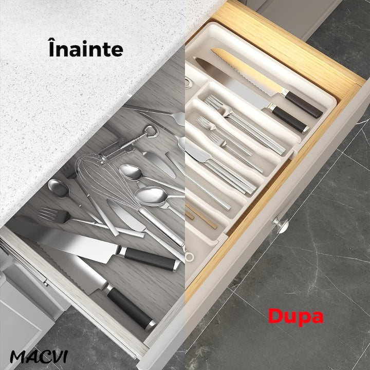 Organizator extensibil Macvi® 8 compartimente, pentru sertar, Sistem modular pentru tacamuri si ustensile de bucatarie, Alb