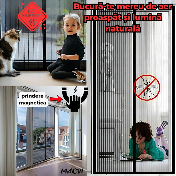 Perdea Anti-Insecte Macvi® cu Inchidere Magnetica, 210x100 cm, Plasa Fina, Fixare Usoara, Ideala pentru Usi de Balcon sau Terasa
