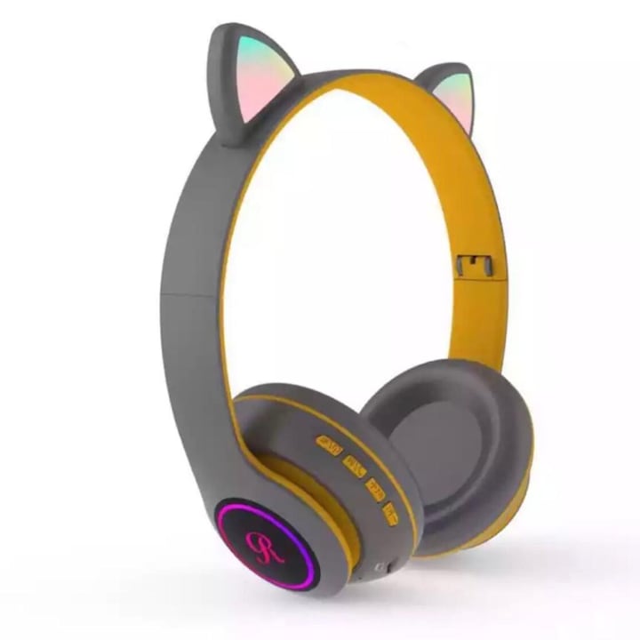 Casti Macvi® Wireless Pliabile cu Urechi de Pisica, Bluetooth 5.0, HiFi, Bass Stereo, LED, Gri