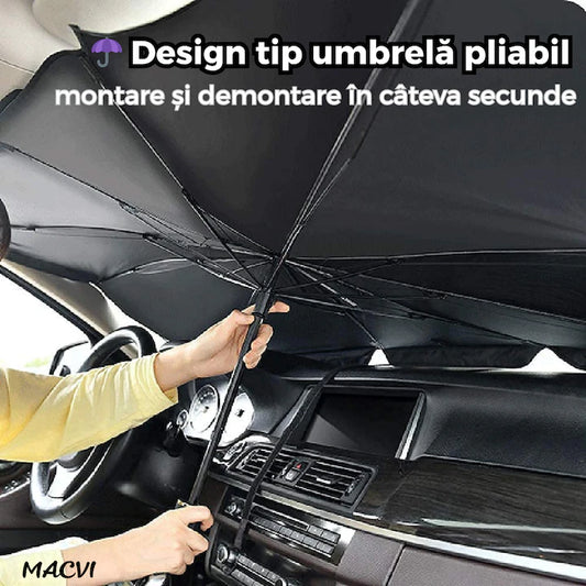 Protectie Parbriz Macvi® Tip Umbrela Pliabila, Reflectorizanta, Anti-UV, cu Husa Transport, 130 x 80, Instalare Rapida si Depozitare Compacta