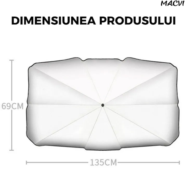 Protectie Parbriz Macvi® Tip Umbrela Pliabila, Reflectorizanta, Anti-UV, cu Husa Transport, 130 x 80, Instalare Rapida si Depozitare Compacta