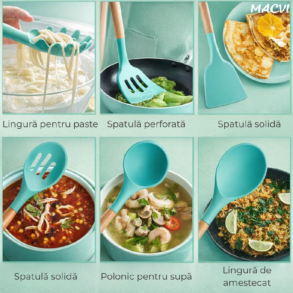 Set ustensile Macvi® bucatarie silicon premium 19 piese cu suport organizare cutite tocator linguri spatule fara BPA rezistente la temperaturi ridicate, Turcoaz