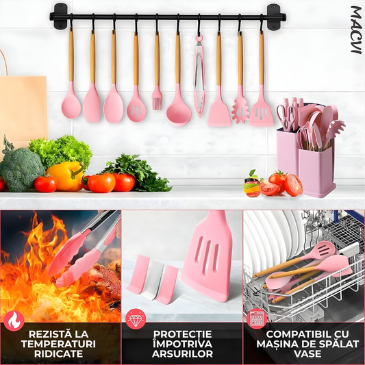Set ustensile Macvi® bucatarie silicon premium 19 piese cu suport organizare cutite tocator linguri spatule fara BPA rezistente la temperaturi ridicate, Roz