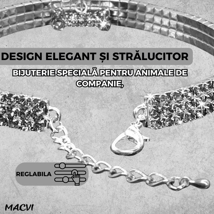 Zgarda pentru caini de talie mica Macvi® cu cristale stralucitoare, design elegant, ajustabila, argintiu