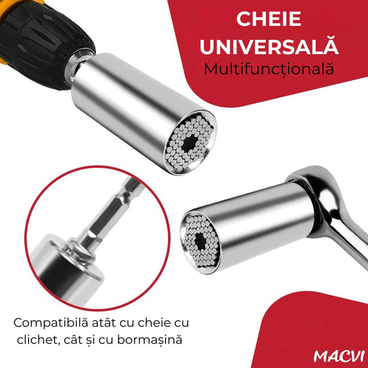 Adaptor cheie universala Macvi® 7-19 mm cu pini metalici ajustabili cap tubular multifunctional din otel aliat pentru bormasina si clichet, prindere ferma pe suruburi uzate