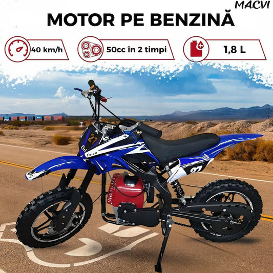 Motocicleta cross Macvi® pentru copii 49cc cu roti groase pornire usoara si motor pe benzina ideala pentru off road, Albastru