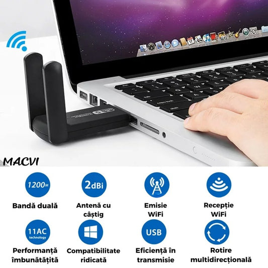 Adaptor wireless Macvi® usb 3.0 dual band 2.4 si 5 ghz 1200 mbps cu antene externe compatibil windows linux mac