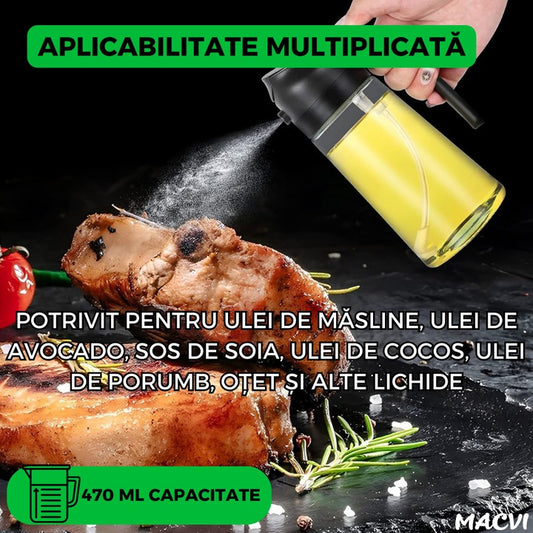 Sticla dozatoare ulei Macvi® 2 in 1, 470ml, cu pulverizator si turnare, control precis, sticla termorezistenta