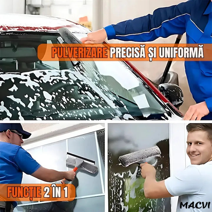 Stergator geamuri Macvi® profesional, maner extensibil pana la 193 cm, pulverizare apa, laveta microfibra inclusa, curatare fara urme