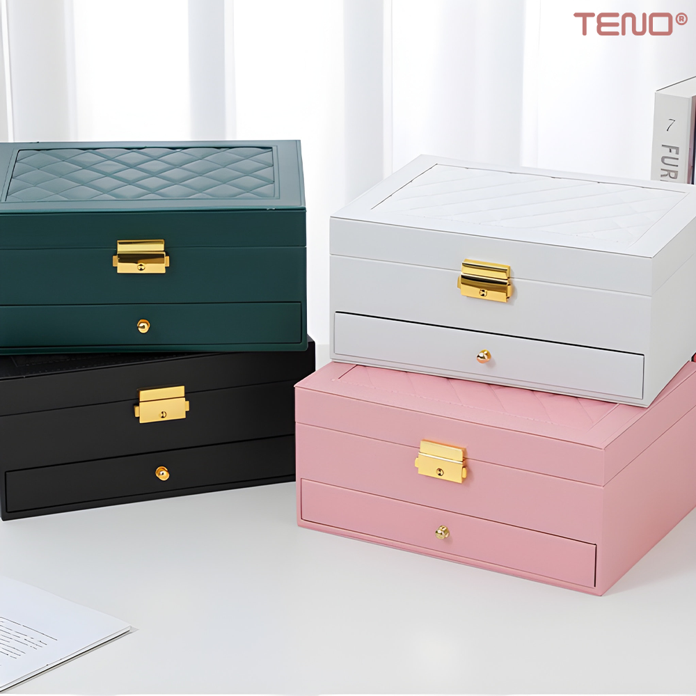 Cutie pentru Bijuterii Teno®, organizare si depozitare, 2 compartimente, captuseala fina, compartimente inele, bratari, lantisoare, ceasuri, compartiment secret, 23 x 10 x 17 cm, roz