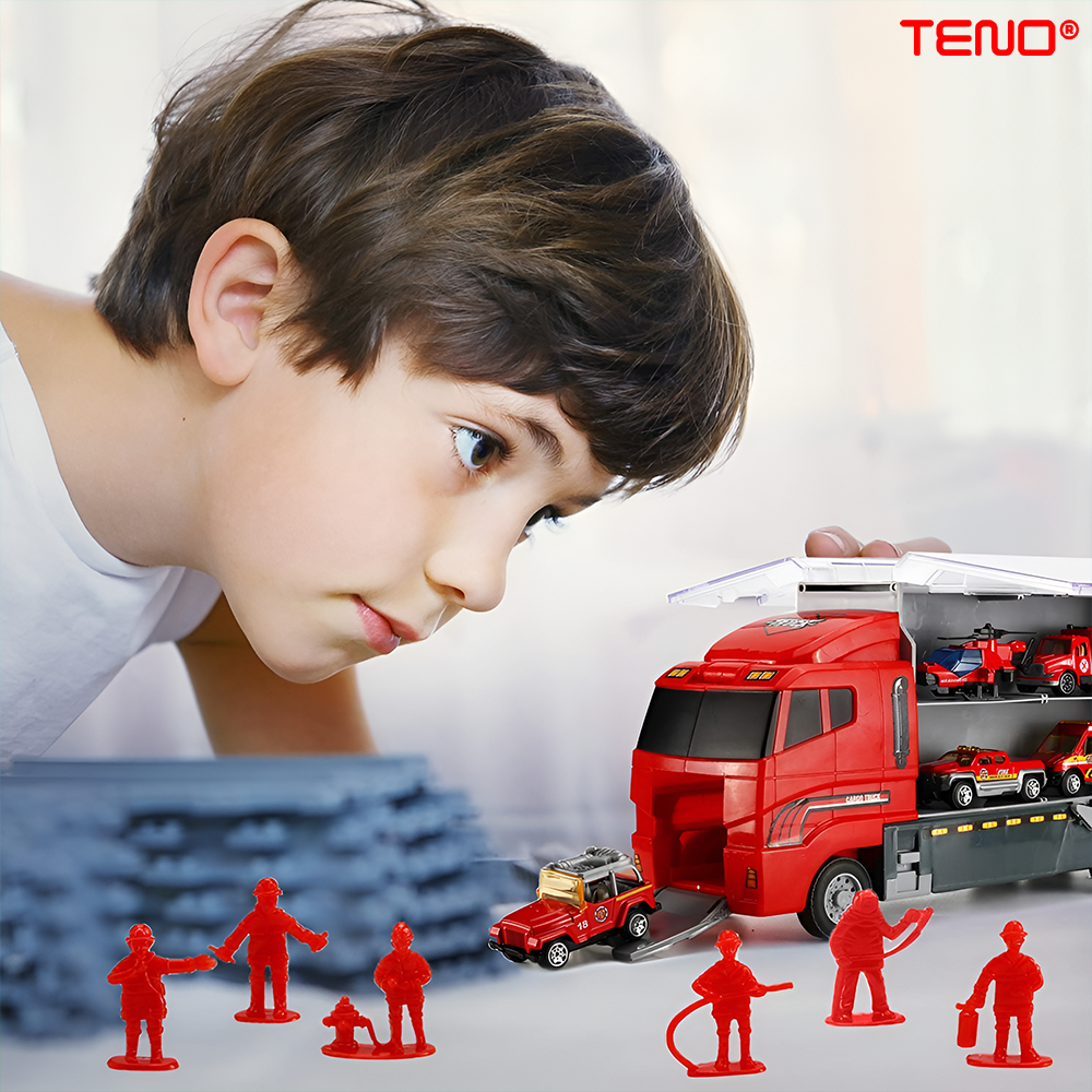 Set Camion Trailer de Jucarie pentru Transport Teno®, seria pompieri, 10 masinute incluse, ambulanta, utilaje, tir, accesorii mobile, lansator si rampa frontala, platforma tractare, rosu