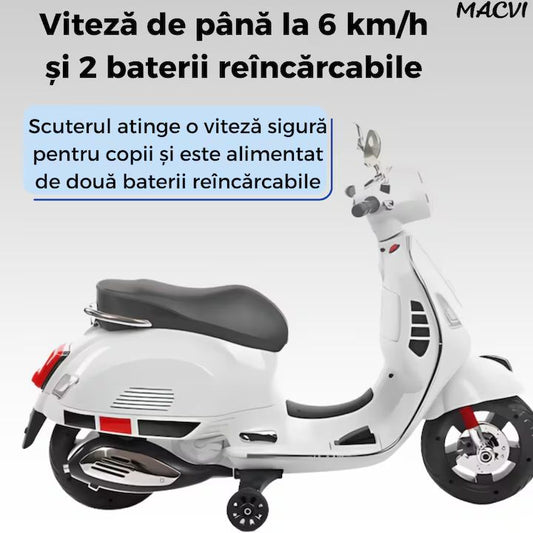 Scuter electric Macvi® pentru copii 3-8 ani, design realist Vespa, cu 2 baterii reincarcabile 6V, lumini functionale, roti ajutatoare, sistem audio si oglinzi, pana la 6 km/h, Alb
