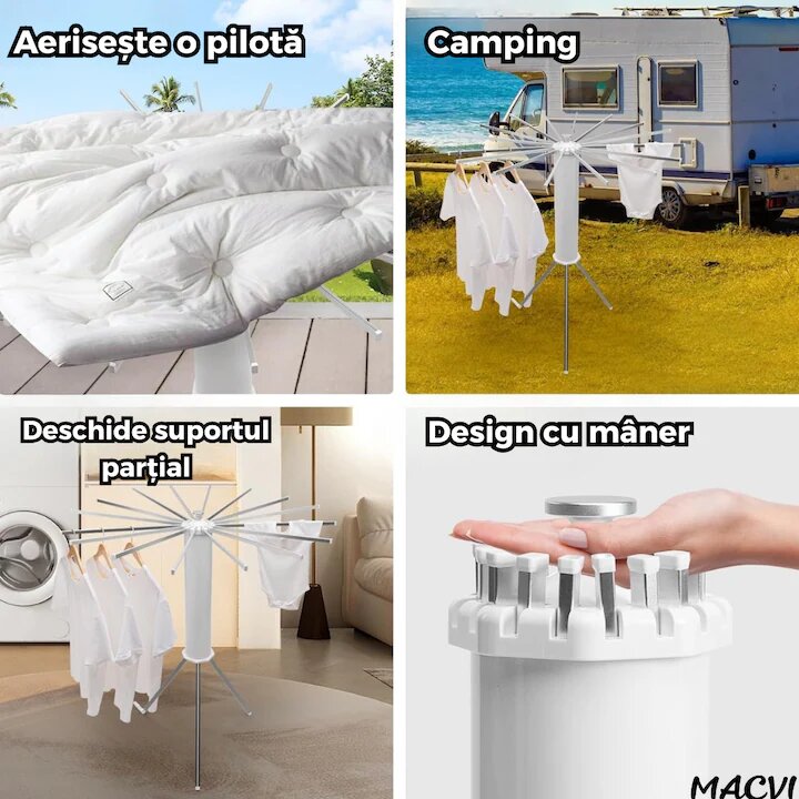 Uscator Rufe Macvi® Caracatita cu 1 Nivel Design Pliabil, Picioare Stabile, Ideal pentru Uscare Rapida in Spatii Mici, Aluminiu