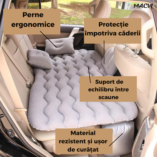 Saltea Gonflabila Auto Macvi® cu Perne si Suport de Echilibru, Ideala pentru Bancheta din Spate, Camping, Calatorii si Relaxare, Gri