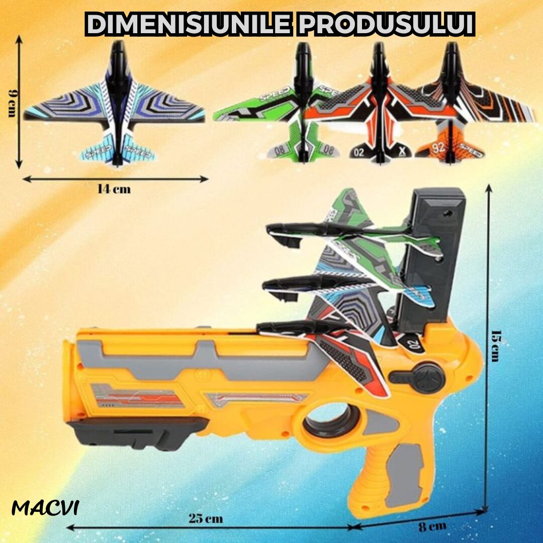 Pistol Lansator Macvi® cu 4 Avioane, Jucarie Interactiva pentru Copii, Design Usor si Sigur, Galben