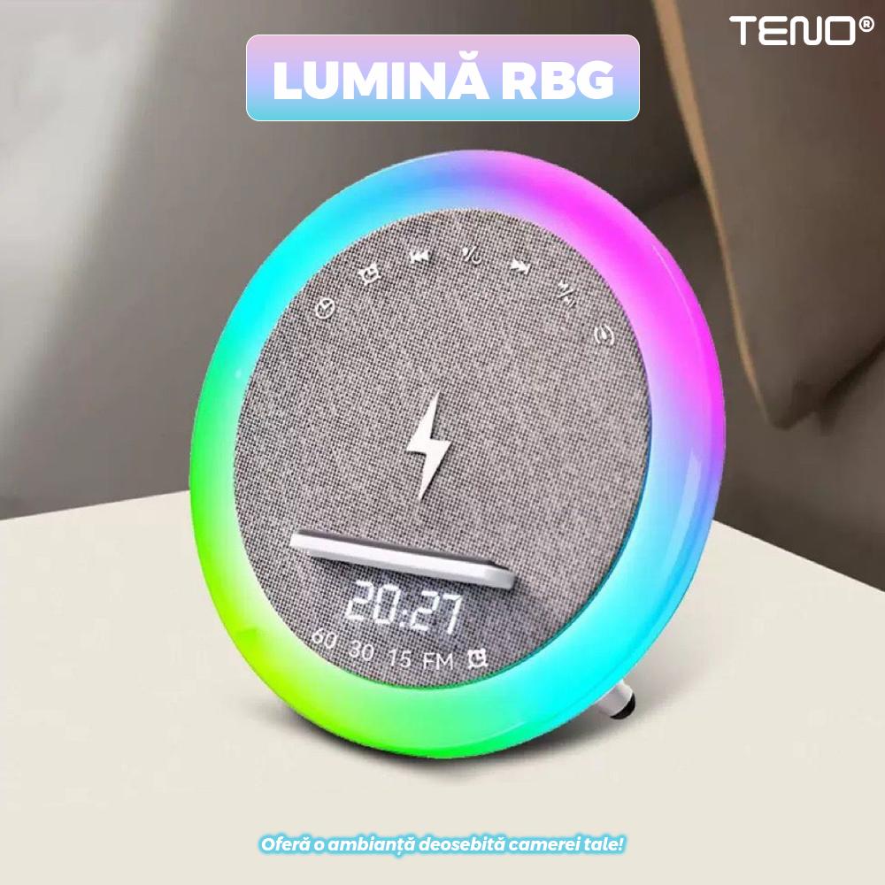 Boxa multifunctionala Mini Teno, lampa LED RGB, incarcator de gadgeturi wireless, functie de radio, functie de ceas, Bluetooth 5.3, design modern