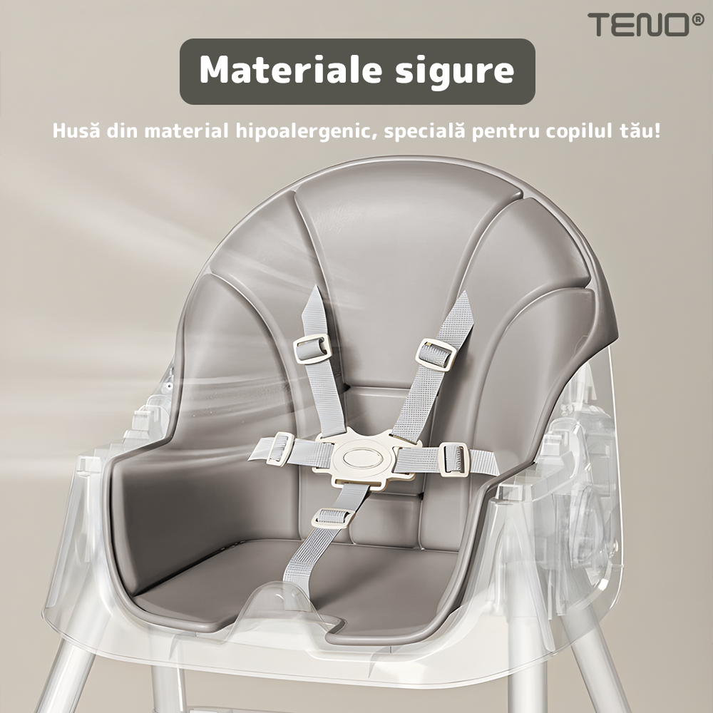 Scaun de Masa 3in1 pentru Bebelusi si Copii Teno®, centura de siguranta in 5 puncte, tavita reglabila si detasabila, loc depozitare jucarii, gri deschis