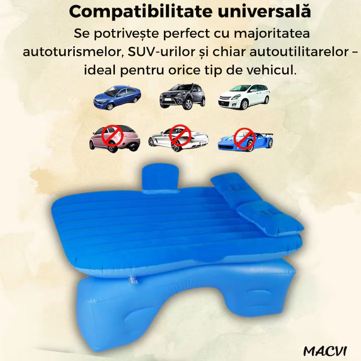 Saltea Gonflabila Auto Macvi® cu Perne si Suport de Echilibru, Ideala pentru Bancheta din Spate, Camping, Calatorii si Relaxare, Albastru