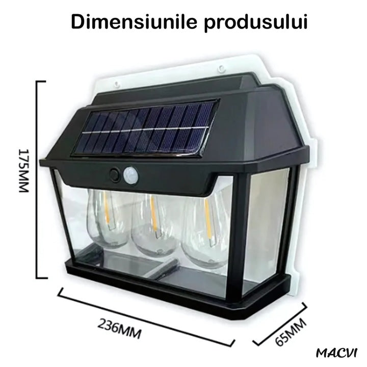 Lampa solara Macvi® de perete cu becuri LED triplu, senzor de miscare 8m, fara fir, 3 moduri de iluminare, IP65 rezistenta la apa, ideala pentru exterior