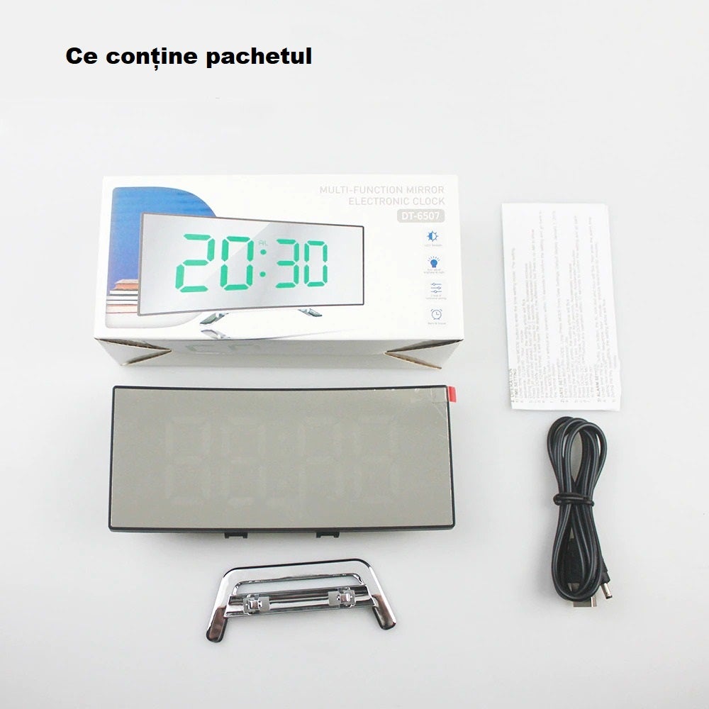 Ceas de masa tip oglinda Macvi® , model DT-6507, ecran LED curbat, afisare temperatura, Verde