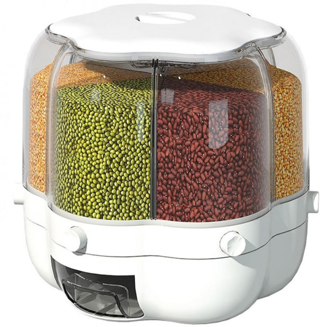 Dozator rotativ Macvi® pentru cereale si alimente uscate, 6 compartimente, capacitate 6.5 kg, sertar detasabil, alb, rotire 360°