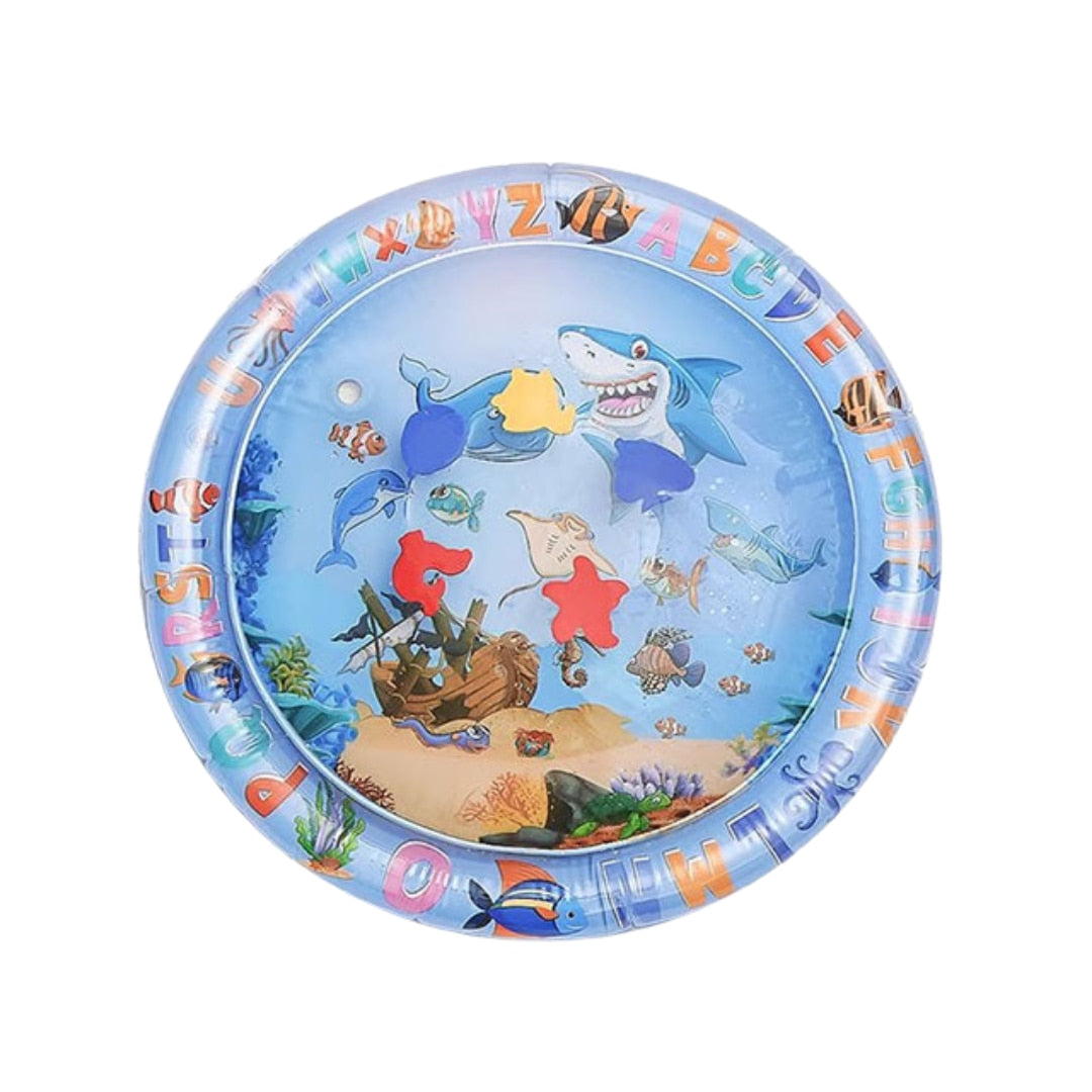Saltea cu apa Macvi® pentru bebelusi, 66x65 cm, model rechin, din PVC fara BPA, albastru, 3 luni+