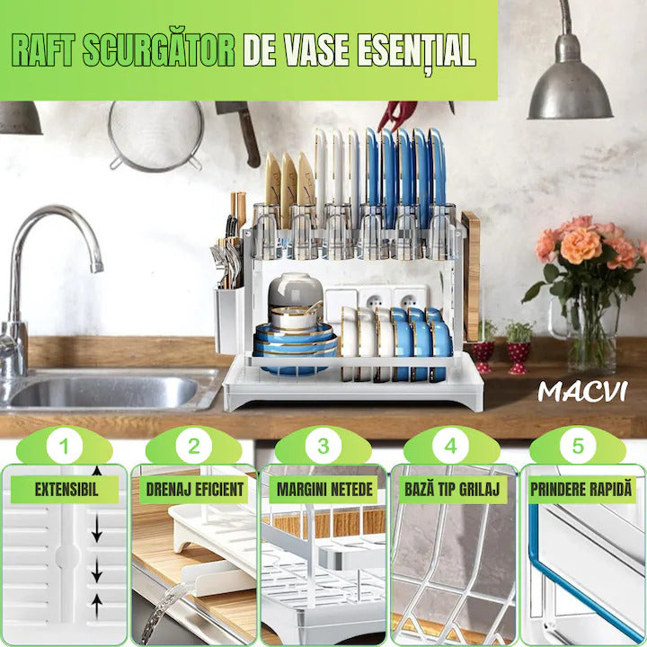 Uscator de vase supraetajat Macvi®, 2 niveluri, suport pentru tacamuri si pahare, tava scurgere, metal rezistent, 42x30x29 cm, alb