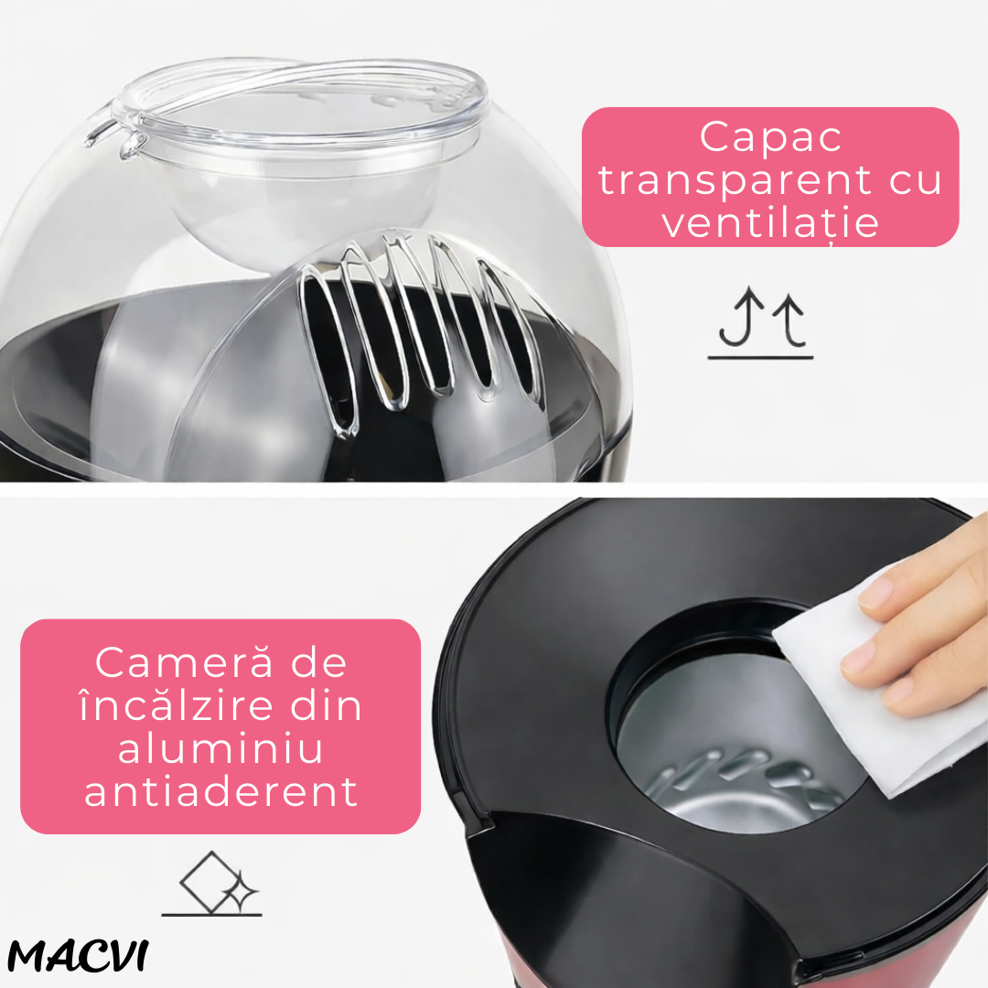 Aparat de facut popcorn Macvi®, 1200W, capacitate 2.5L, fara ulei, rosu