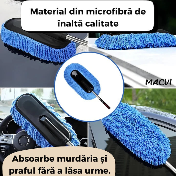 Pamatuf auto din microfibra Macvi® cu maner telescopic, antistatic, ideal pentru praf, plafon si caroserie