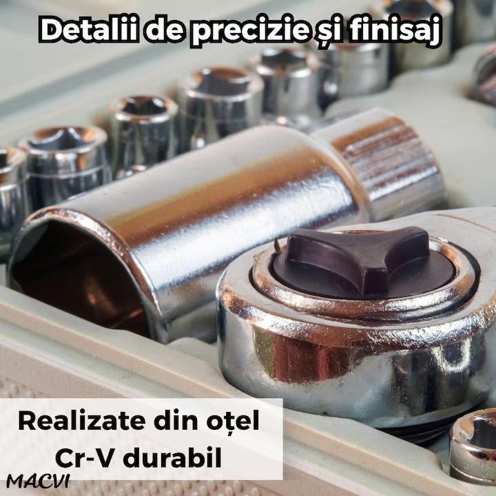 Trusa scule Macvi® 40 piese din otel Cr-V cu clichet capete tubulare metrice si SAE adaptor si prelungitor incluse