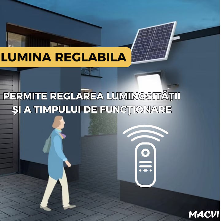 Lampa Solara si panou separat Macvi®, 200W, 130 LED COB, IP67, Telecomanda, Iluminare 10 Ore, Instalare Fara Intretinere