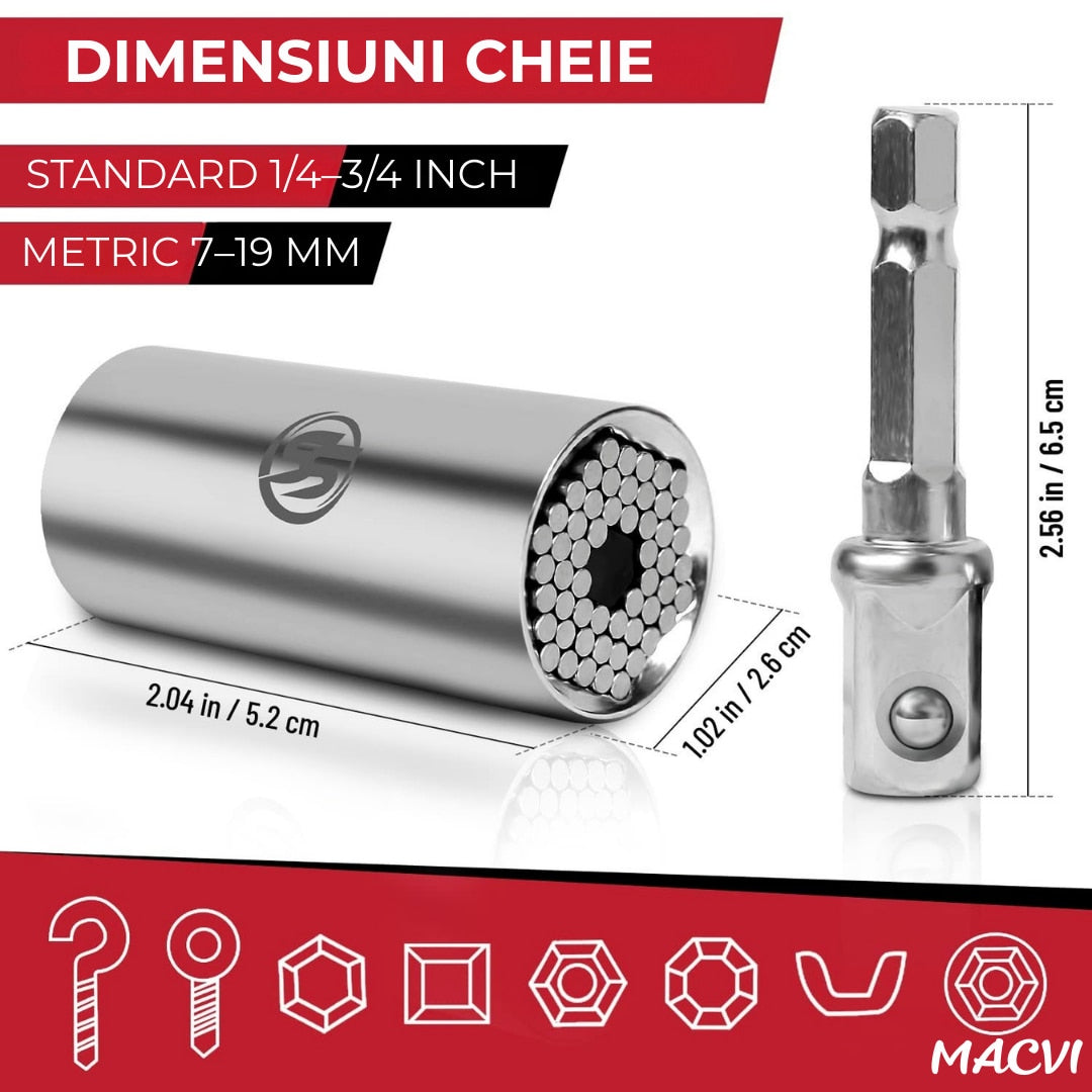 Adaptor cheie universala Macvi® 7-19 mm cu pini metalici ajustabili cap tubular multifunctional din otel aliat pentru bormasina si clichet, prindere ferma pe suruburi uzate