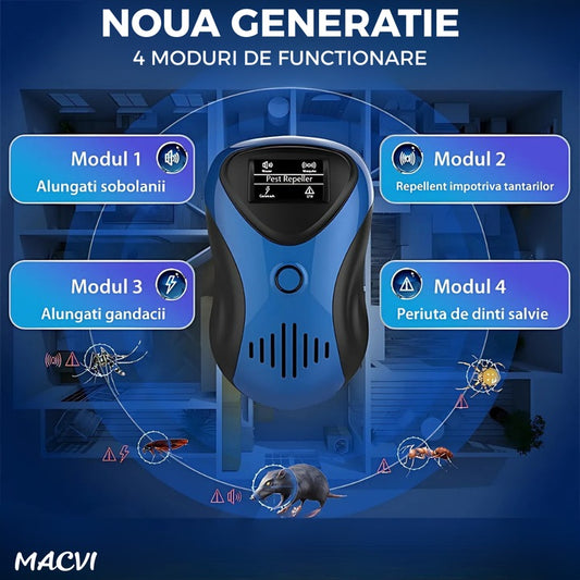 Dispozitiv Anti-Daunatori Macvi® cu Ultrasunete, Afisaj LED, 10-70kHz, 3W, Non-Toxic, Protectie Rozatoare, 100% Sigur pentru Animale