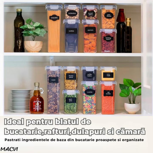 Set 42 organizatoare/recipiente Macvi® pentru depozitare alimentara, etanse, design minimalist, fara BPA, stocabile, cu etichete si lingurite incluse