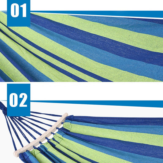 Hamac Tip Balansoar Macvi® , Albastru , Suport 150 kg , 2 tije de lemn