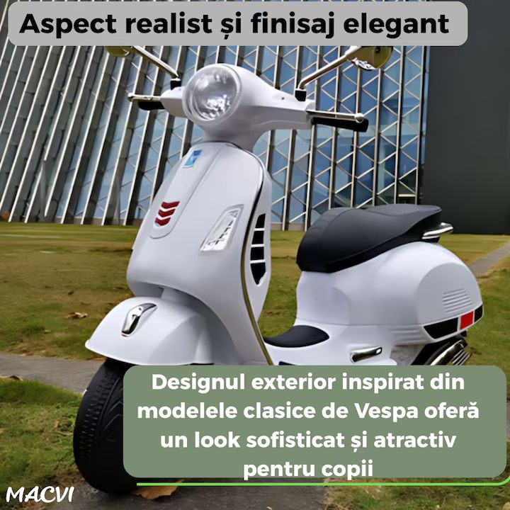 Scuter electric Macvi® pentru copii 3-8 ani, design realist Vespa, cu 2 baterii reincarcabile 6V, lumini functionale, roti ajutatoare, sistem audio si oglinzi, pana la 6 km/h, Alb