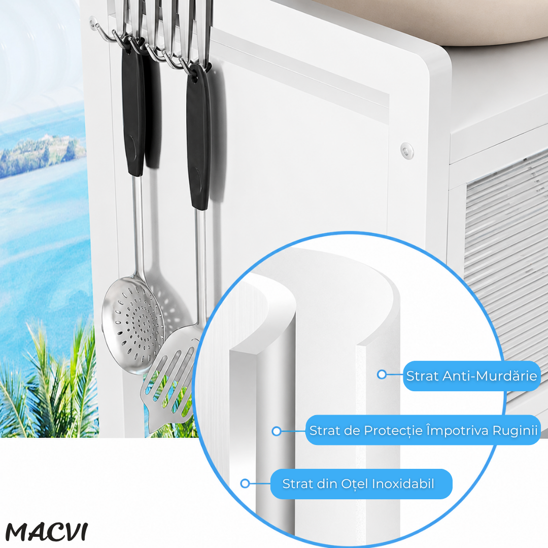 Scurgator Vase deasupra Chiuvetei Macvi®, Raft Multifunctional cu 3 Niveluri, Suport Tacamuri si Cutite, Organizator Bucatarie din Inox cu Usi Rabatabile AntiPraf