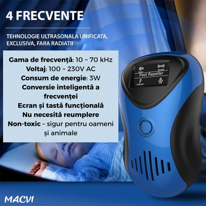 Dispozitiv Anti-Daunatori Macvi® cu Ultrasunete, Afisaj LED, 10-70kHz, 3W, Non-Toxic, Protectie Rozatoare, 100% Sigur pentru Animale