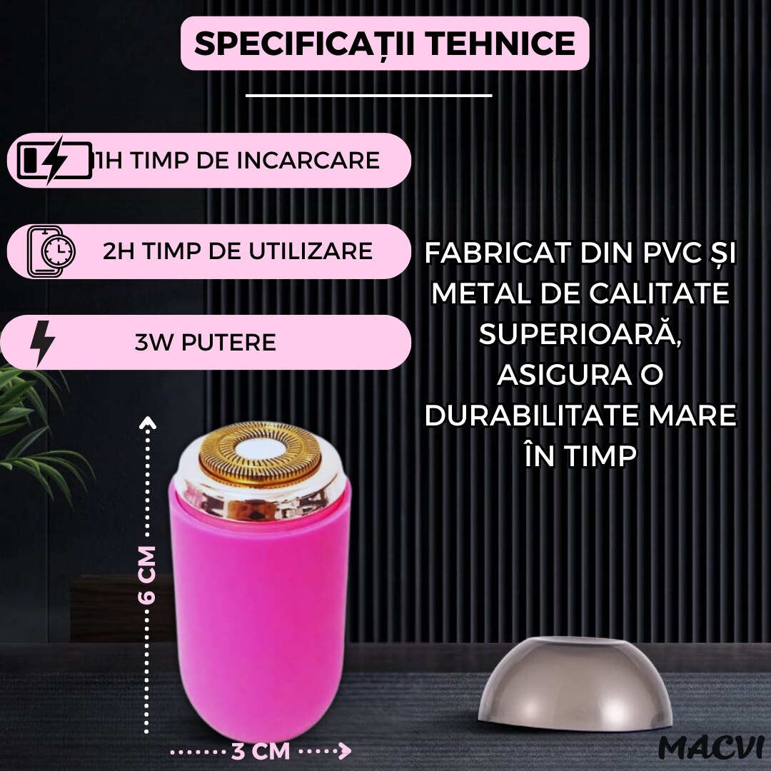 Mini aparat de ras portabil Macvi®, Depilare rapida si eficienta, incarcare USB, autonomie 60 minute, Roz