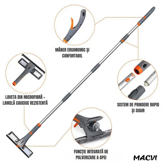 Stergator geamuri Macvi® profesional, maner extensibil pana la 193 cm, pulverizare apa, laveta microfibra inclusa, curatare fara urme