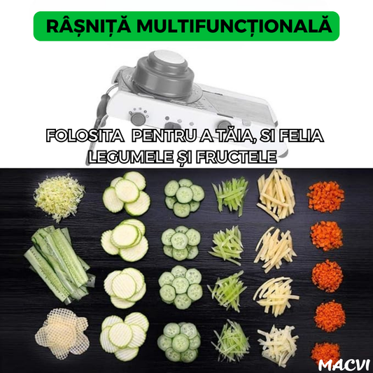 Razatoare Multifunctionala Macvi® pentru legume si fructe, 18 taieturi diferite, lame inox, reglabila 1-7 mm, ergonomica, gri