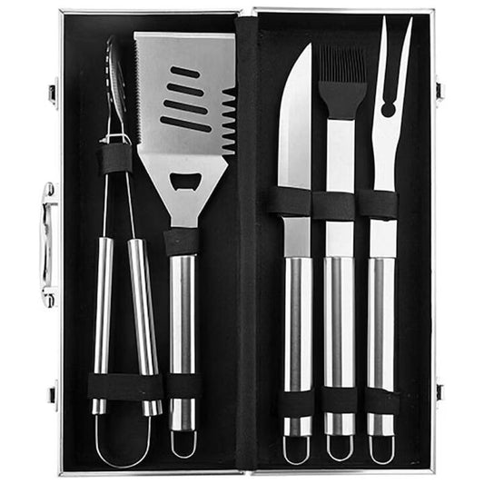 Set 5 ustensile gratar Macvi® din otel inoxidabil premium, geanta transport aluminiu captusita, accesorii pentru un gratar reusit