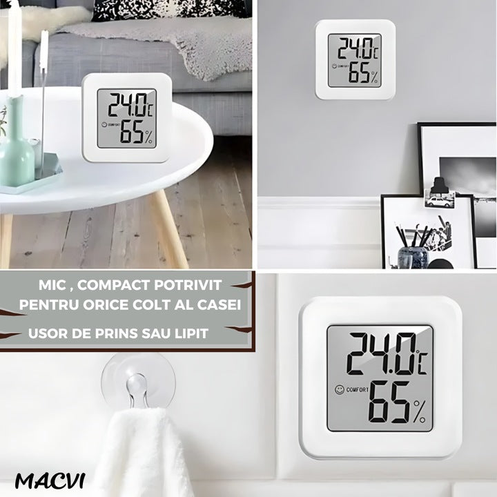 Termometru si Higrometru Digital MACVI® cu Afisaj LCD Indicator Confort, Temperatura si Umiditate, Design Compact, Baterie Inclusa