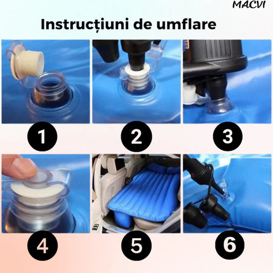 Saltea Gonflabila Auto Macvi® cu Perne si Suport de Echilibru, Ideala pentru Bancheta din Spate, Camping, Calatorii si Relaxare, Albastru