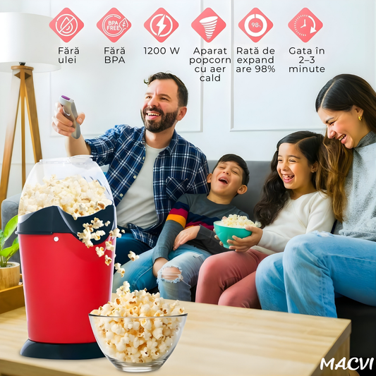 Aparat de facut popcorn Macvi®, 1200W, capacitate 2.5L, fara ulei, rosu