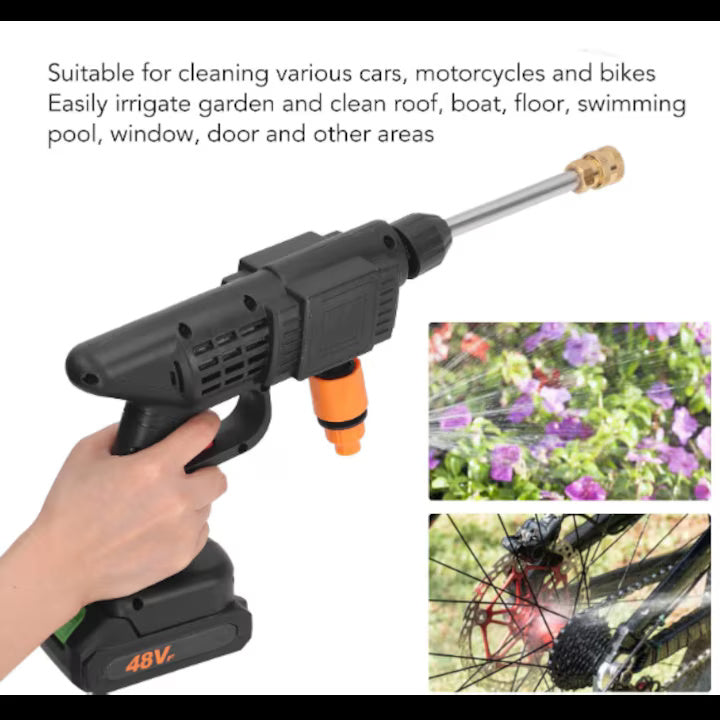 Pistol Electric de Spălat cu Presiune, 2 acumulatori de 48V, cu 3 moduri, 30 bari, Recipient spuma, Filtru si Duze incluse