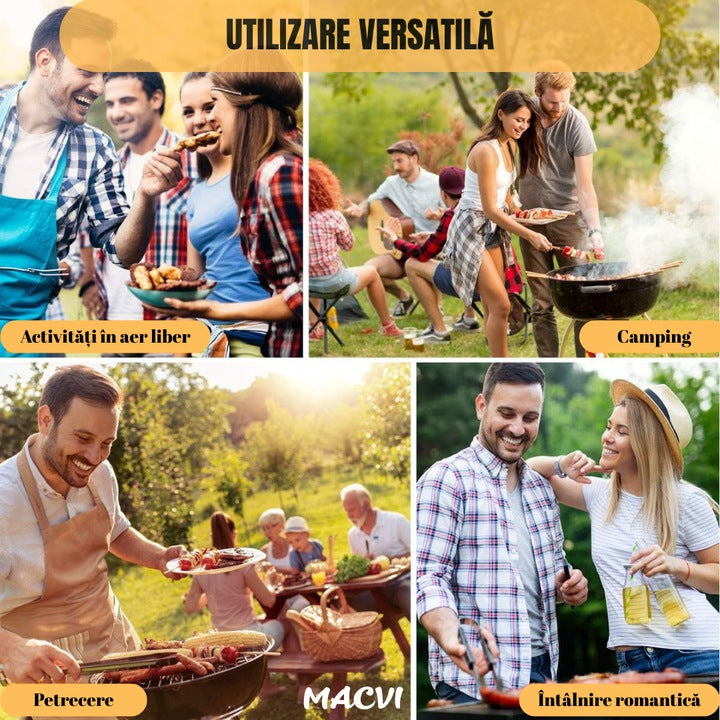 Set 5 ustensile gratar Macvi® din otel inoxidabil premium, geanta transport aluminiu captusita, accesorii pentru un gratar reusit