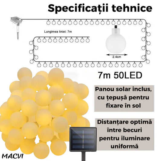 Ghirlanda Solara Macvi® exterior gradina 7M 50 LED IP65 8 moduri alb cald